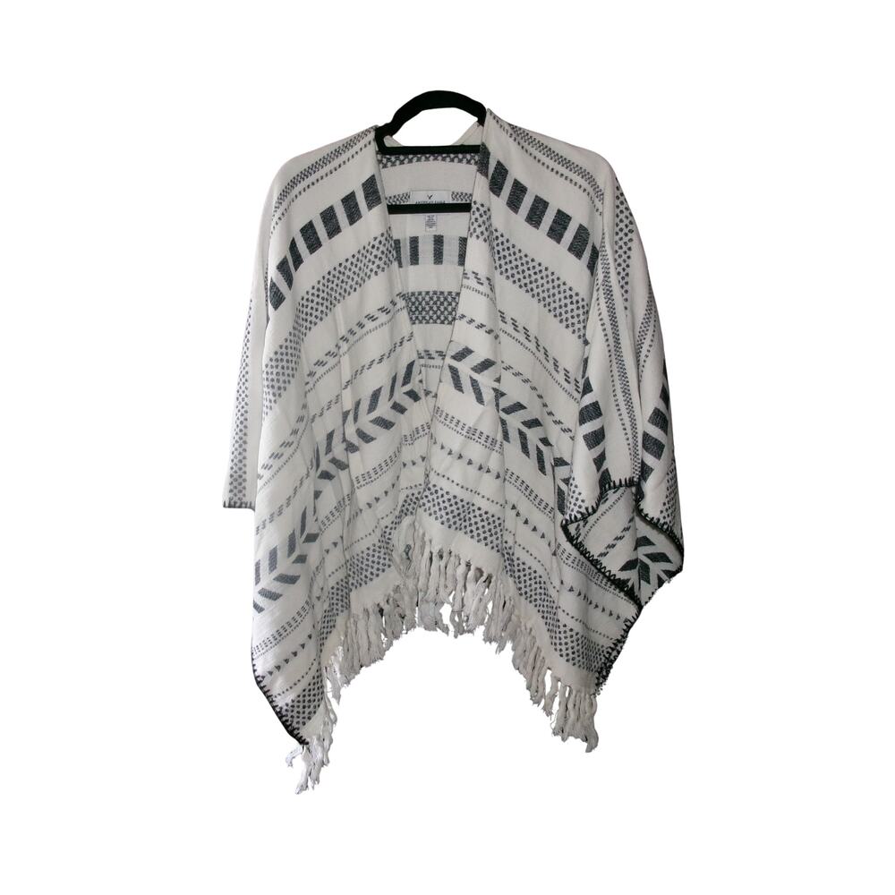 American Eagle Outfitters Women One Size Boho Fringe Poncho Cardigan White Gray